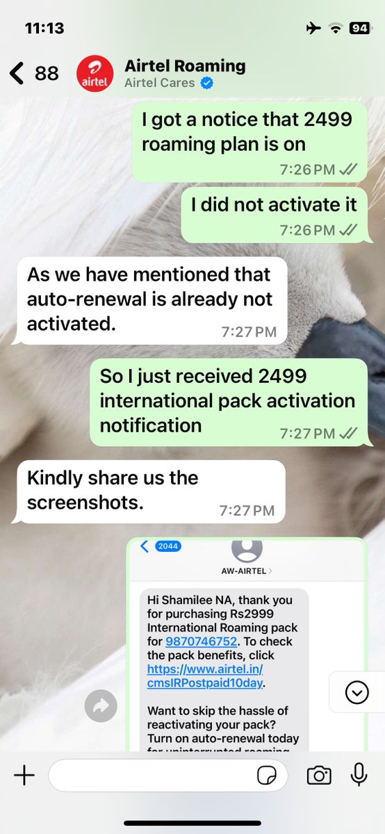 Shamilee21's tweet photo. @airtelindia @airtelnews @bhartiairtelfdn Airtel has been slapping me with roaming charges even when I haven't activated a roaming plan. I got a confirmation that I won't be charged after speaking to the customer care and yet I'm forced to pay for it. I need immediate resolution https://t.co/BdC7fox7sA