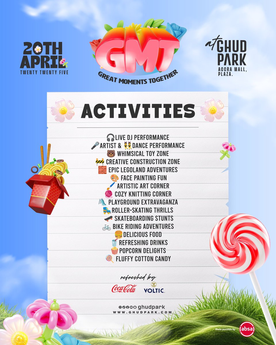 ghudpark's tweet photo. Great Moments Together!
A day packed with fun activities, live performances, and unforgettable vibes at the park!
Don’t miss out — check the full caption below for all the times and dates.
Mark your calendars and bring your crew!

@gmtfest 
GhudPark,Accra Mall https://t.co/1BNMVpiVJj