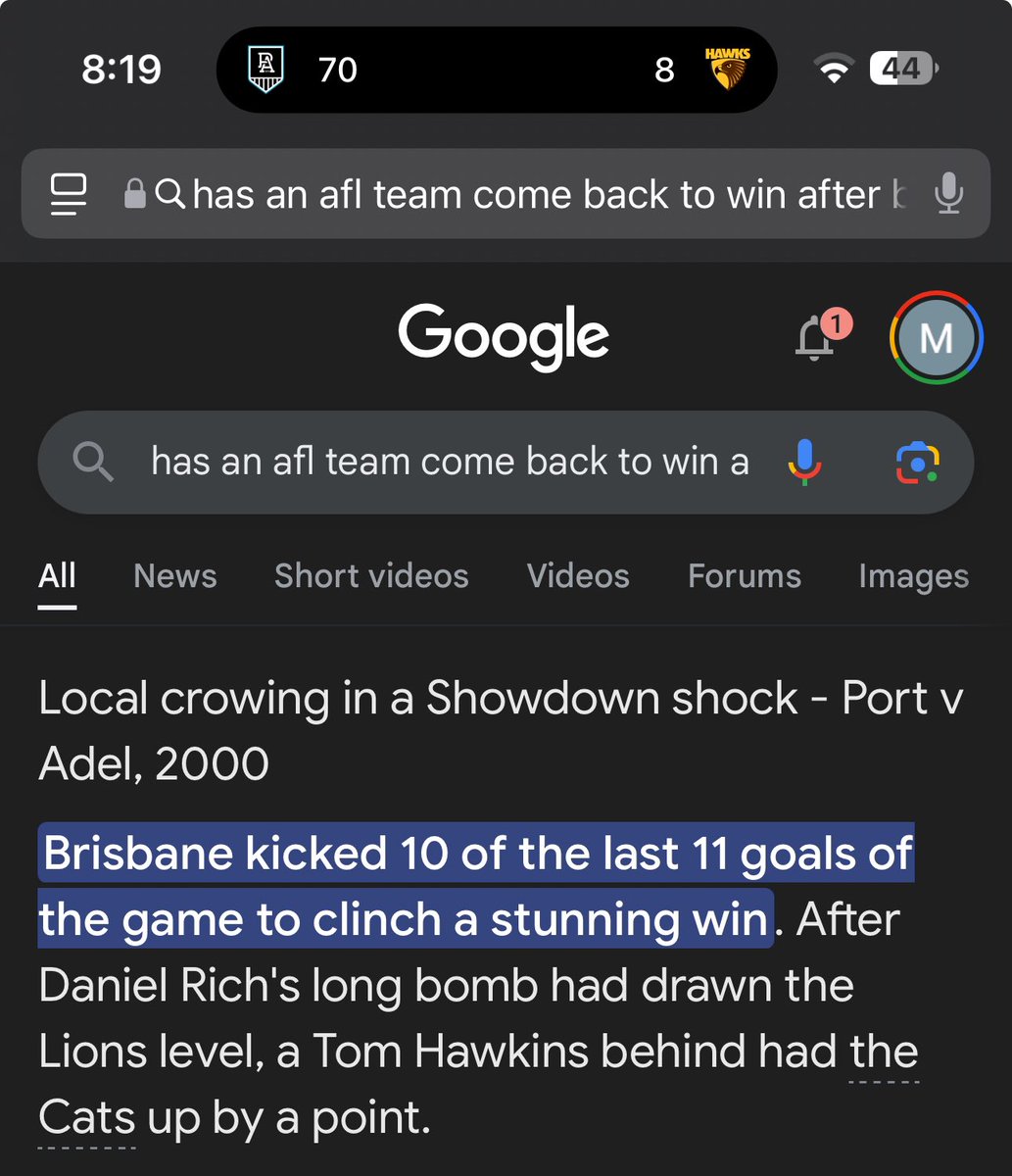 According to Google the comeback has happened before, but there is going to need to be a very different Hawks in the second half #AFLPORTHAWKS