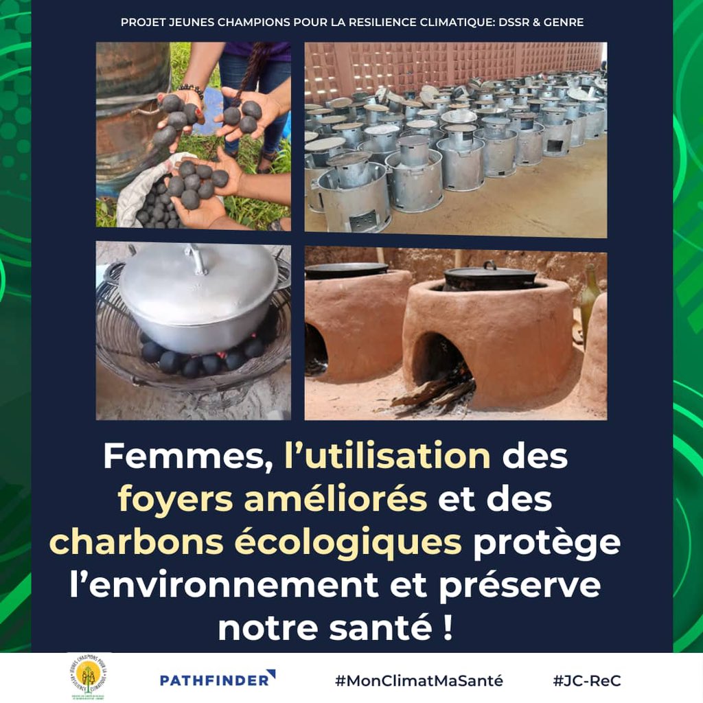 Femmes, l’utilisation des foyers améliorées et des charbons écologiques protège l’environnement et préserve notre santé.
#MonClimatMaSante
#JC_ReC