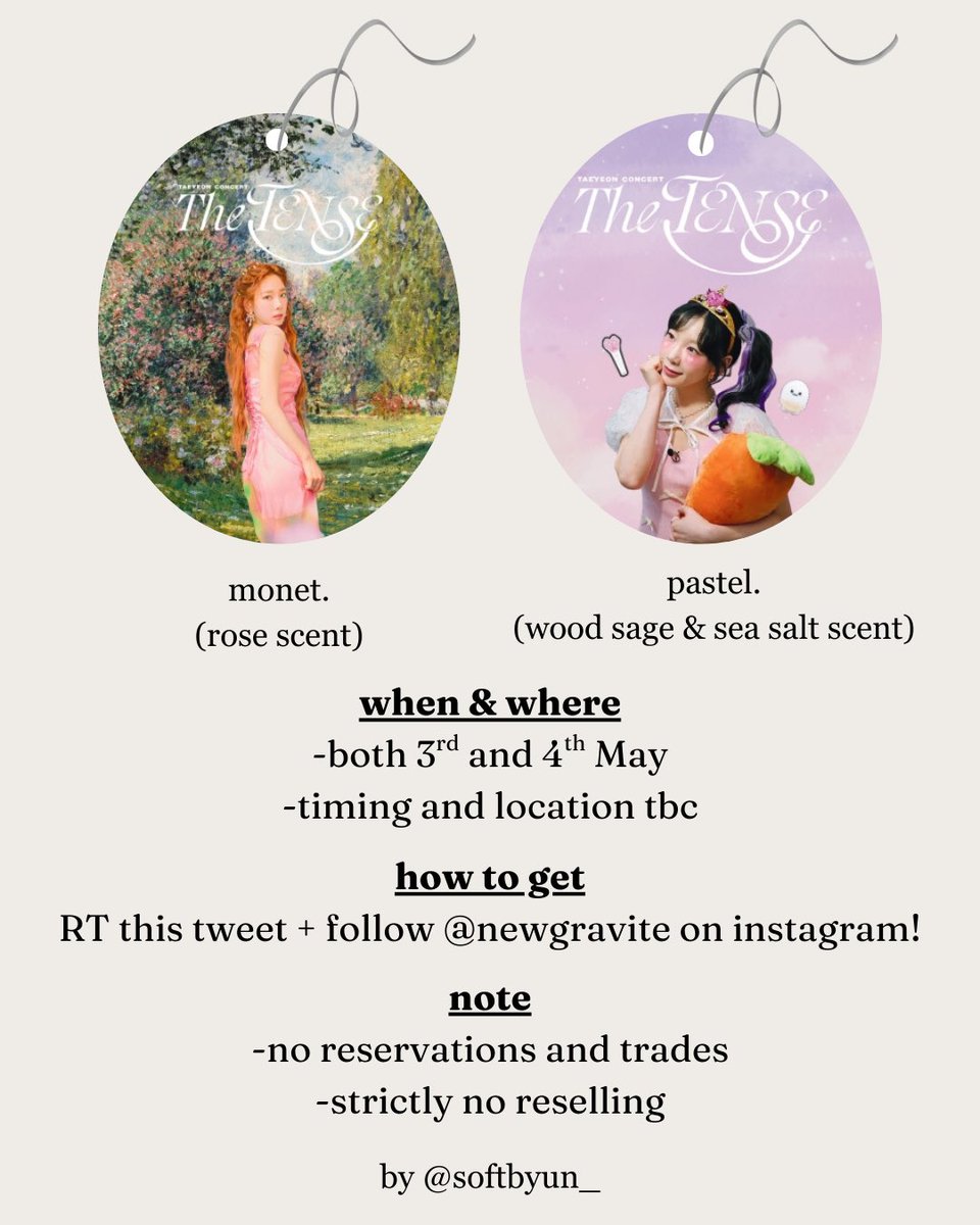 softbyun_'s tweet photo. 💐 taeyeon fansupport 💐

☁️ will be distributing scented cards on both days :) more details in pics!
☁️ RT this tweet + follow @/newgravite on instagram to redeem!
☁️ no trades, no reservations
☁️ follow thread below for updates! 

#TAEYEON_TheTENSE_in_SINGAPORE https://t.co/QXys5UG5cM
