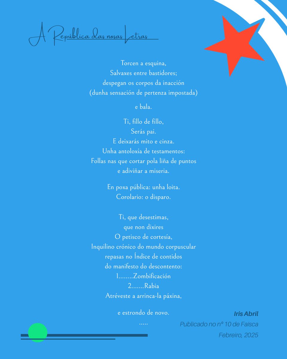PCRG_gal's tweet photo. No faísca de febreiro tivemos a oportunidade de publicar este poema de ✒️Iris Abril
#Faisca #Cultura #Republica #poema https://t.co/0nEWr4Qcd3