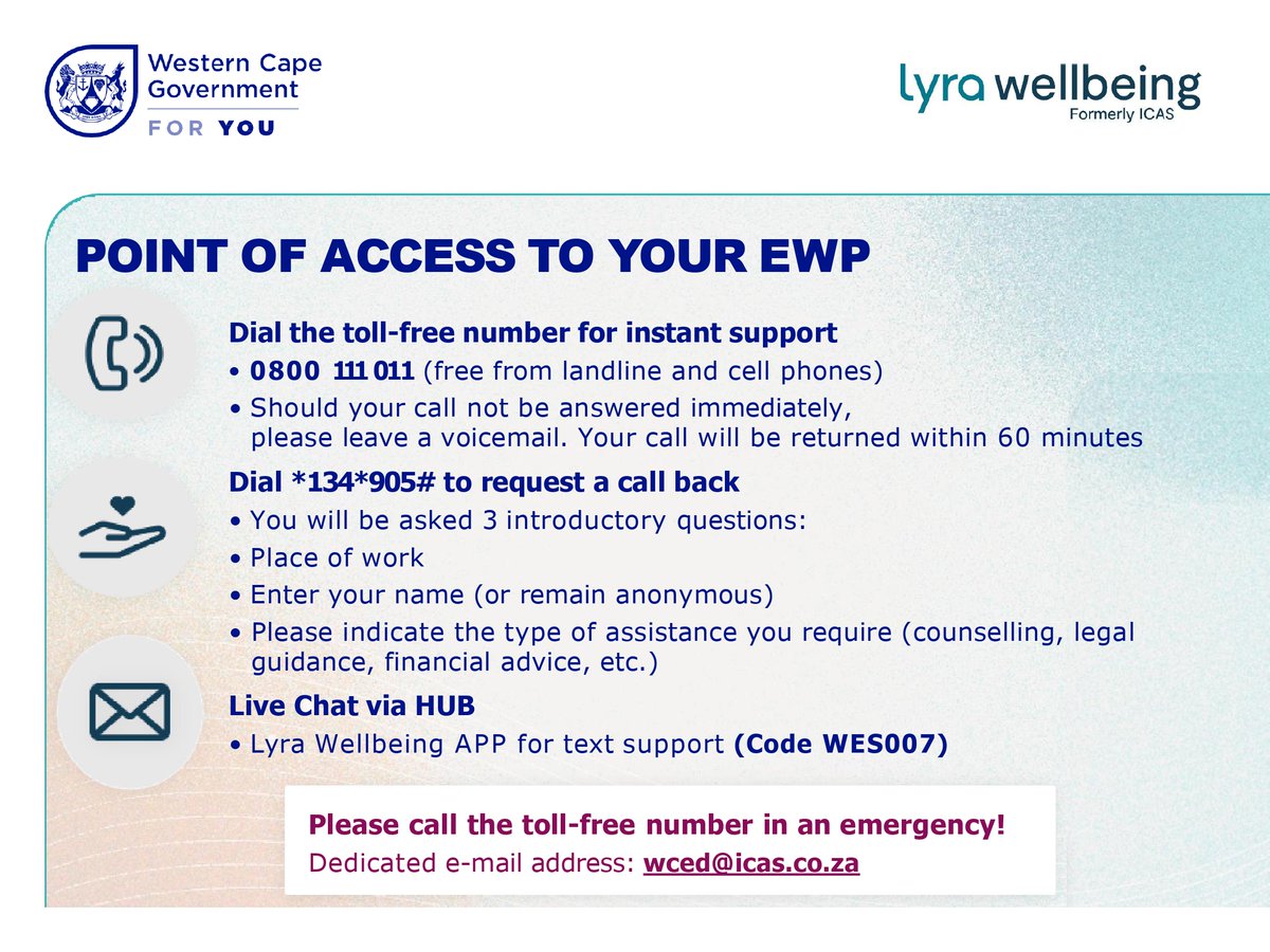 The WCED is committed to supporting our employees’ journey to optimal well-being through our Employee Health &amp; Wellness Programme. For support, call 0800 111 011 or dial *134*905#.