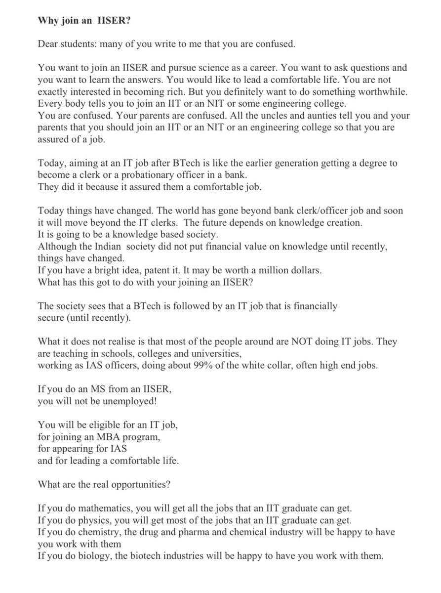 taurine__'s tweet image. I recently came across the timeless piece - ‘Why join an IISER?’ by Prof. @NSathyamurthy1. It was a sincere and inspiring appeal to young, curious students from a mentor , encouraging them to pursue science fearlessly. Things have changed since then.