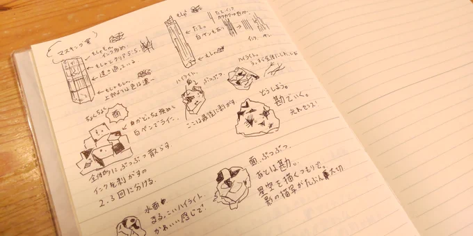 ナナミさんに好評だったMineraの鉱石の観察メモですどうやってマスキングするかのメモも一緒にアップ。このとき実はペン型のマスキングガム(ペベオ)しか手元になくて、限られた画材でいかにマスキングができるかのレースをしていました。メンディングテープに救われました。#Minera773 