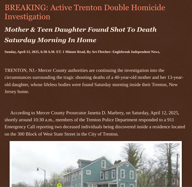 ArtFletcher9's tweet photo. BREAKING: Active Trenton Double Homicide Investigation https://t.co/n9FC8NZ4Ly via @Englebrooknews #NewJersey #mercercountynj #trentonnj #mother #teen #daughter #fatally #shot #double #homicide #investigation @wireless_step @HRG_Media @LodiNJNews @SugarMAGA @fordmb1 @SarahGeving1 @Shannon96574094 @Daytobehappy @janninereid1 @gator4kb18 @MichelleF_35 @TrumpWasRite @KathyKbrose @RobGerundo @JimBobW49