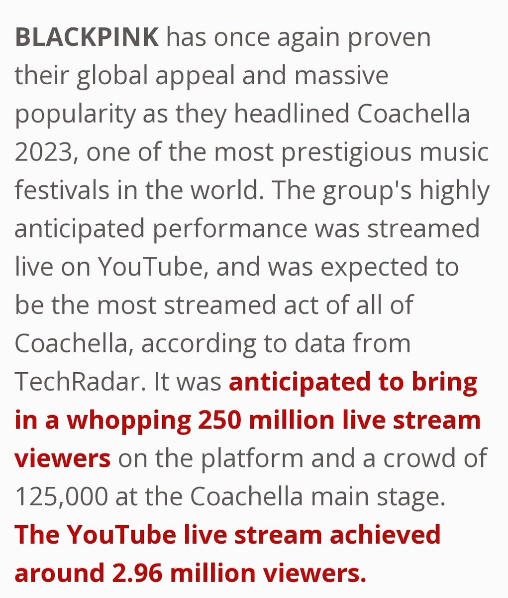 jsoogrly's tweet photo. Most watched live performances in Coachella history (peak concurrent viewers):

#1 #BLACKPINK (2023) - 2.96M 
#2. Beyoncé (2018) – 458K
#3. ENHYPEN (2025) – 400K
#4. Harry Styles (2022) – 180K
#5. Anitta (2022) – 160K https://t.co/JpyC26T04U
