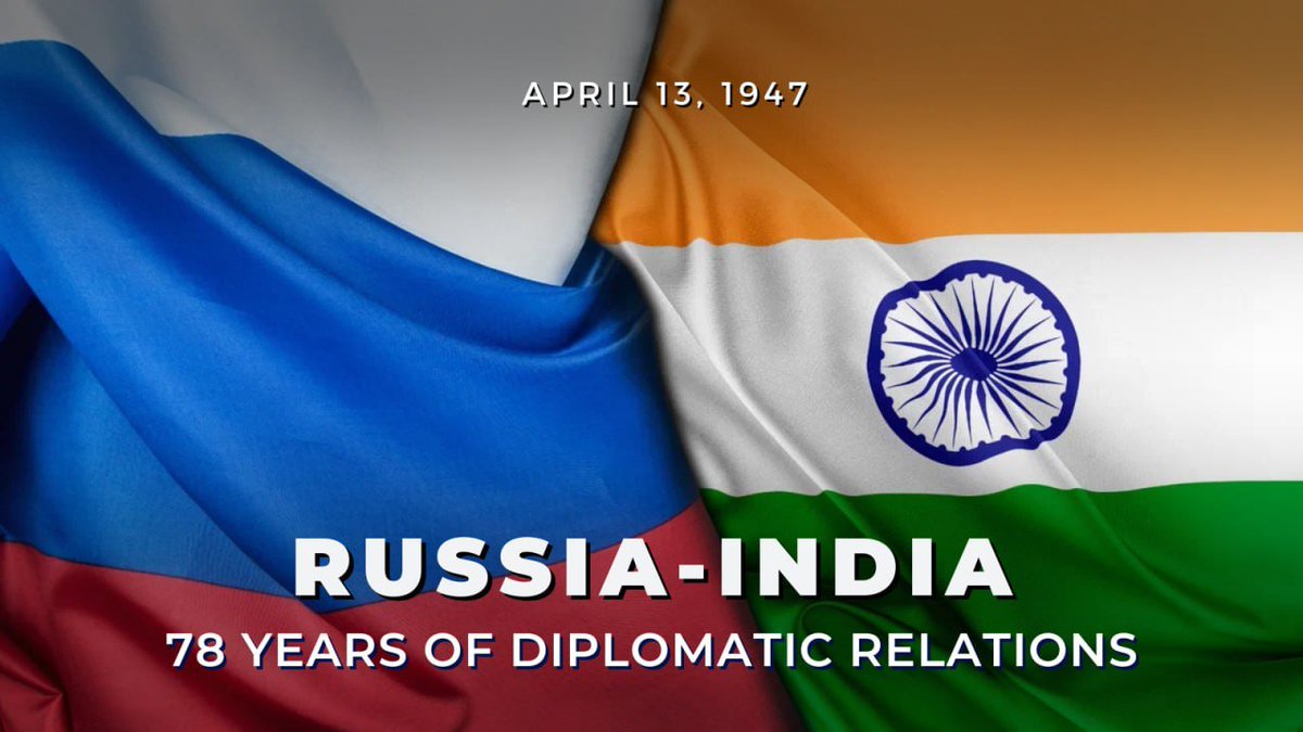 mfa_russia's tweet photo. 🇷🇺🇮🇳 April 13 marks 78 years since the diplomatic relations were established between Russia and India.

#RussiaIndia relations are noted by a specially privileged strategic partnership and continue to evolve dynamically.

🔗 https://t.co/PlKHWwDFLt

#DruzhbaDosti https://t.co/Vi9ZCWYfxq