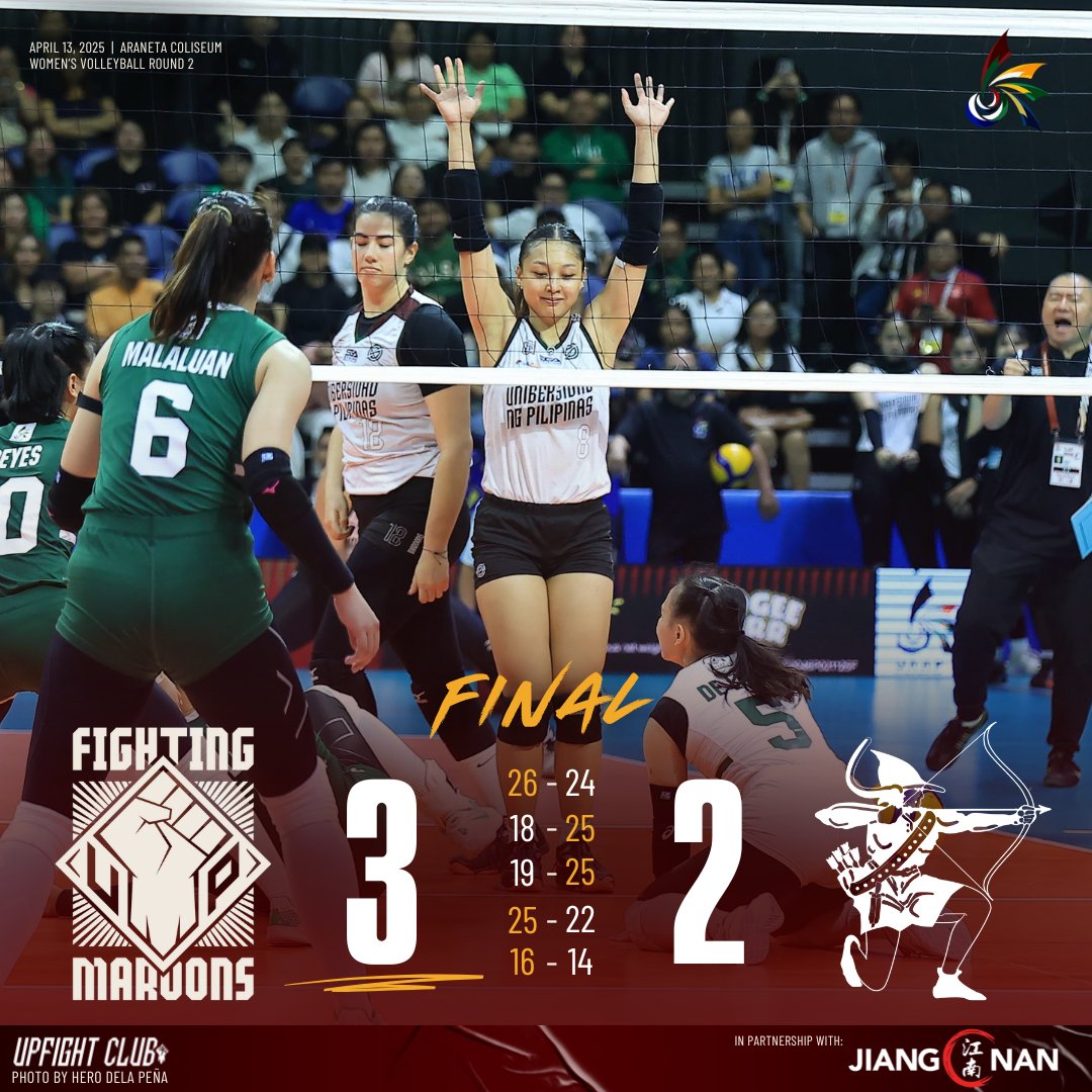 upmaroonclub's tweet photo. PERFECT AIM 🎯

The UP Women's Volleyball Team defeats DLSU in five grueling sets to stay alive in their hunt for a Final Four spot! Congratulations!

#UPFight❤️💚✊
#UAAPSeason87
#StrongerBetterTogether https://t.co/XqHpplUZe4