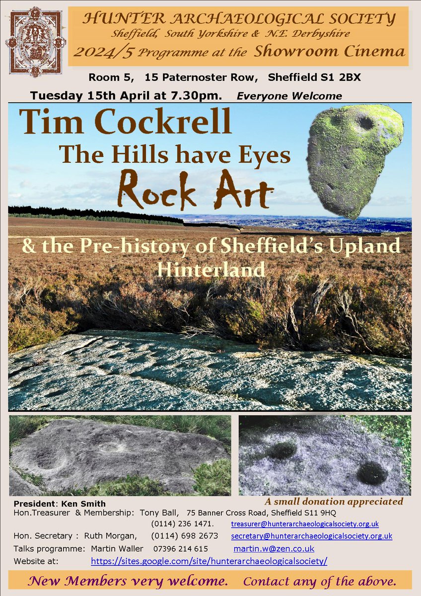 Hunter Archaeological Society (@hunterarchsoc) on Twitter photo Tues 15 April. Tim Cockrell will update us on his work surveying the western moorlands of Sheffield – ‘The Hills have Eyes: Rock Art and the Prehistory of Sheffield’s Upland Hinterland’.  7.30pm in Showroom 5.
Talks are free, contributions towards costs are always appreciated. Tues 15 April. Tim Cockrell will update us on his work surveying the western moorlands of Sheffield – ‘The Hills have Eyes: Rock Art and the Prehistory of Sheffield’s Upland Hinterland’.  7.30pm in Showroom 5.
Talks are free, contributions towards costs are always appreciated.