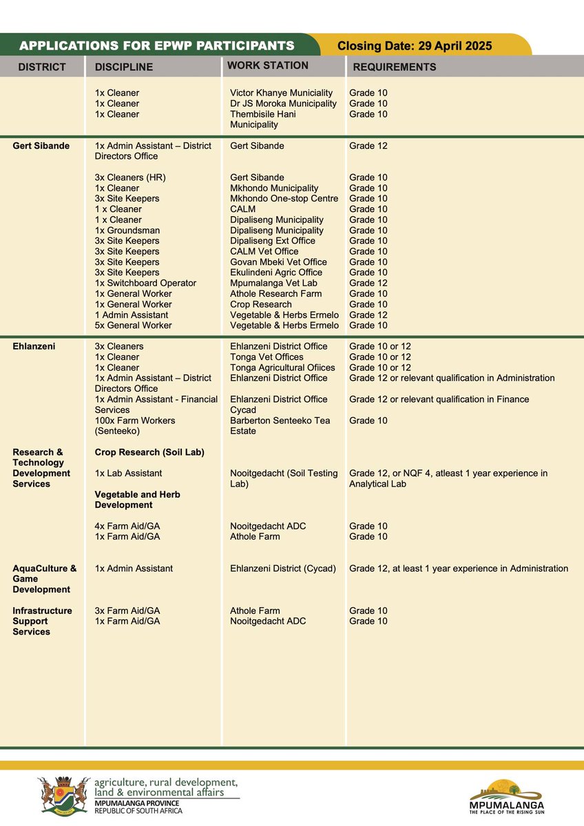 MpumalangaGov's tweet photo. Applications for the Department of Agriculture, Rural Development, Land &amp; Environmental Affairs Expanded Public Works Programme (EPWP) opportunities are now opened!

Closing date is 29 APRIL 2025.

APPLY!

#LetsGrowMpumalangaTogether #EPWP https://t.co/s3S8tJZrSU
