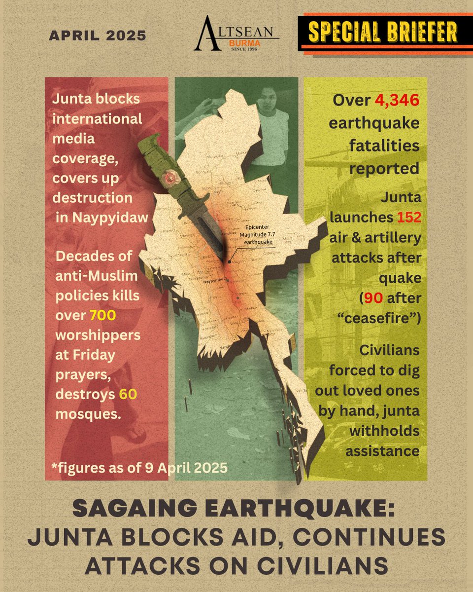ALTSEAN-Burma (@altsean) on Twitter photo ‼️ ALTSEAN Special Briefer ‼️
"SAGAING EARTHQUAKE: Junta blocks aid, continues attacks on civilians"
📒 Read full briefer here: bit.ly/EQB2025
📧 Stay updated: eepurl.com/bE2nRT
<a href="/adn_asia/">Asia Democracy Network</a>
<a href="/forum_asia/">FORUM-ASIA</a>
<a href="/BHRNUK/">BHRN</a>
<a href="/IIDonline/">IID 🕊️⚖</a>
<a href="/fidh_en/">FIDH</a>
<a href="/JusticeMyanmar/">Justice For Myanmar</a>
<a href="/WomensPeaceNW/">Women's Peace Network</a> ‼️ ALTSEAN Special Briefer ‼️
"SAGAING EARTHQUAKE: Junta blocks aid, continues attacks on civilians"
📒 Read full briefer here: bit.ly/EQB2025
📧 Stay updated: eepurl.com/bE2nRT
<a href="/adn_asia/">Asia Democracy Network</a>
<a href="/forum_asia/">FORUM-ASIA</a>
<a href="/BHRNUK/">BHRN</a>
<a href="/IIDonline/">IID 🕊️⚖</a>
<a href="/fidh_en/">FIDH</a>
<a href="/JusticeMyanmar/">Justice For Myanmar</a>
<a href="/WomensPeaceNW/">Women's Peace Network</a>