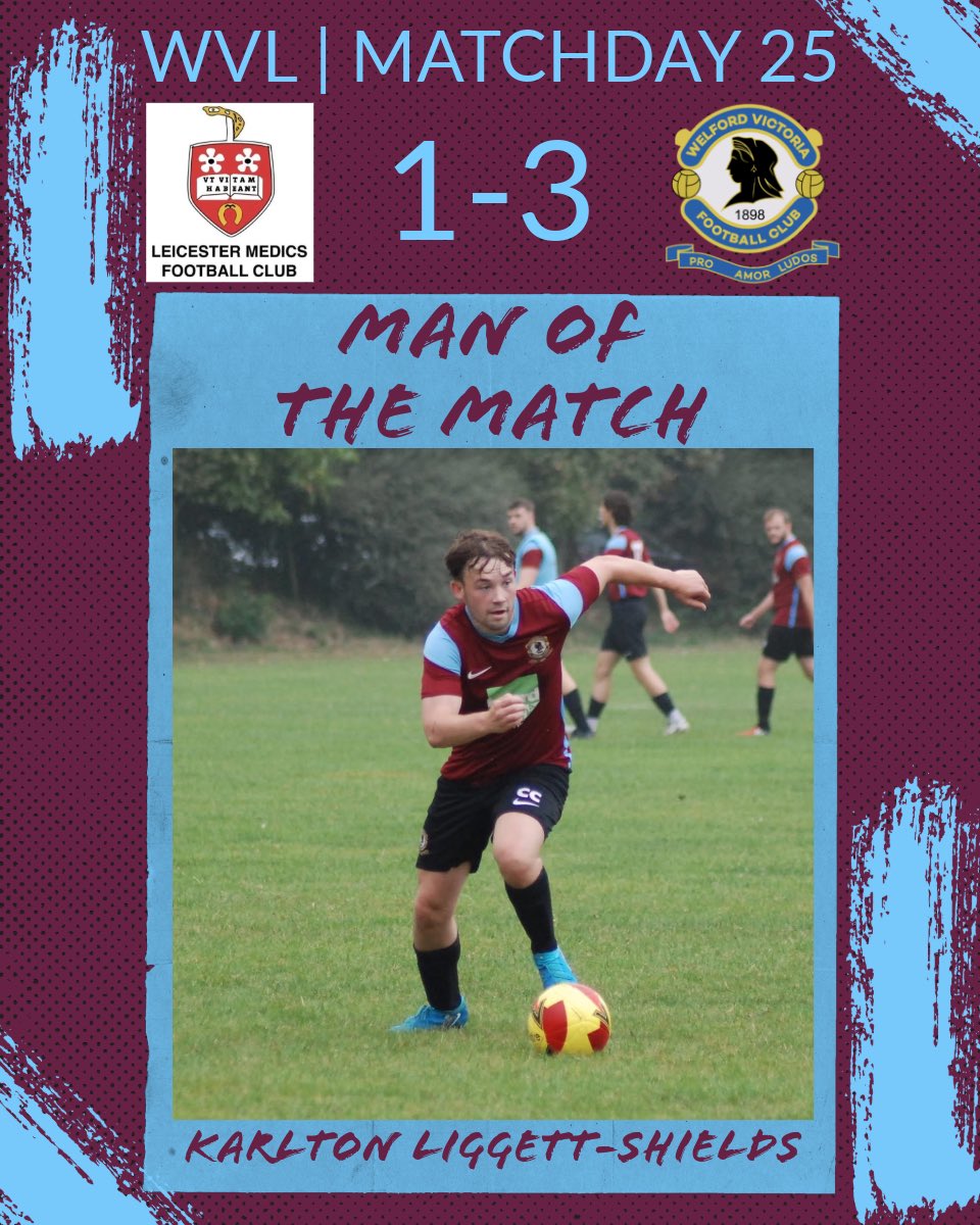 WelfordvFC's tweet photo. Massive 3 points on the road yesterday! Medics were unbeaten in their last 11 league games going into this one but the win was never in doubt. Goals from @harry_j13, HP &amp; MOTM Karlton who was superb from start to finish #UpTheVics 🩵💜

@LeicsCFL https://t.co/fSOrt8oBQ6