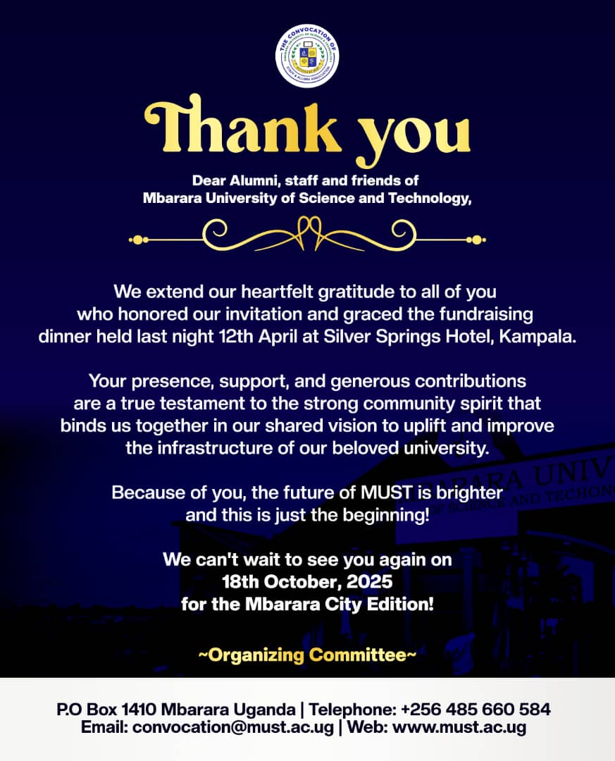 alumni_MUST's tweet photo. A massive THANK YOU to everyone who made last night's @MbararaUST Fundraising Dinner in Kampala such a success! 

Your support in building our alma mater is truly inspiring. 

And the journey continues! Mark your calendars for the Mbarara City Edition on October 18th, 2025 https://t.co/pQrGxX7NUX