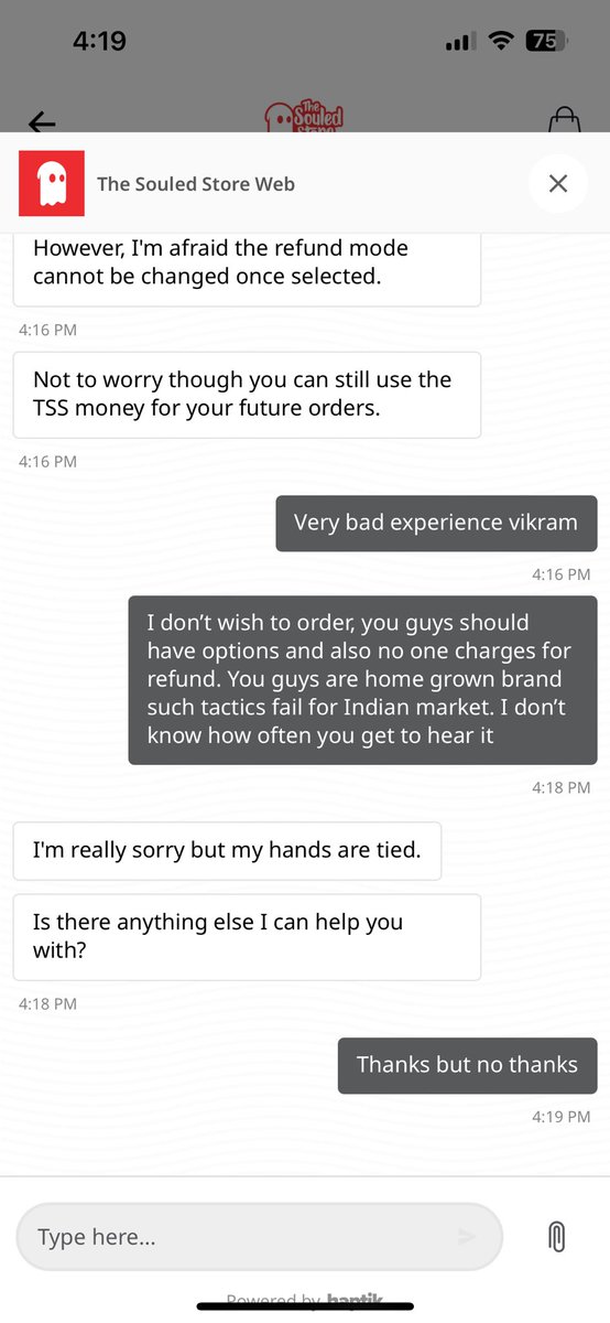 unnat_soni's tweet photo. @thesouledstore Bad experience. 1. Charge for returning order. 2. No options for refund in bank account, instead TSS money options. Home grown brand but fails to understand the market. https://t.co/7fUU5L4Hh7