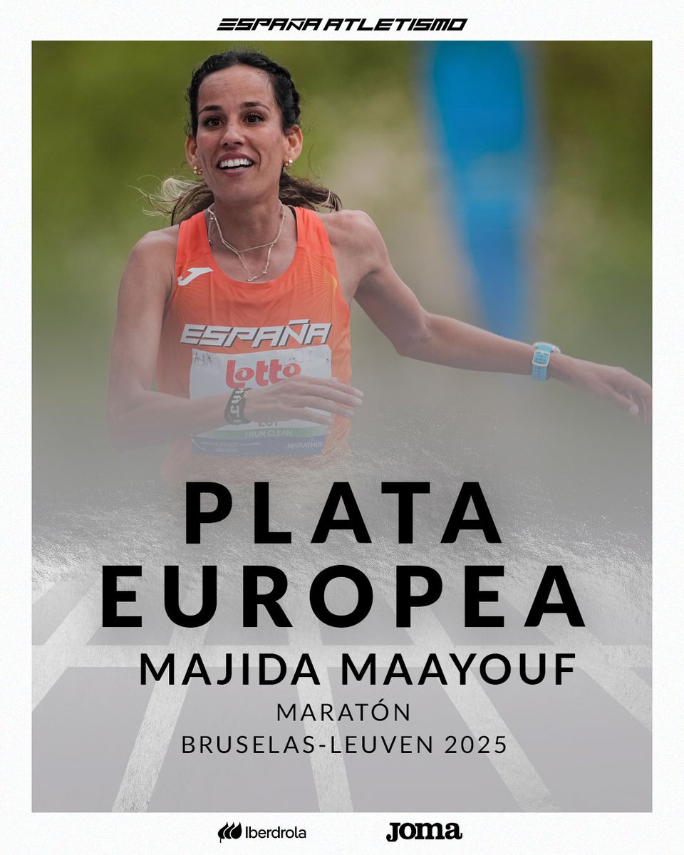 atletismoRFEA's tweet photo. 𝐃𝐎𝐁𝐋𝐄𝐓𝐄 𝐇𝐈𝐒𝐓𝐎́𝐑𝐈𝐂𝐎 𝐄𝐍 𝐌𝐀𝐑𝐀𝐓𝐎́𝐍 ‼️‼️‼️
Maratón 🚺 #BrusselsLeuven2025 

CAMPEONA DE EUROPA 🥇
@faty_morena  ⏱️2:27:14
Monumanental su carrera con caída incluida en un avituallamiento antes del km 25

SUBCAMPEONA DE EUROPA 🥈 
@MaayoufMajida ⏱️2:27:41
Siendo ambiciosa y dando la cara en casi toda la carrera 

7ª @PetiteStr ⏱️ 2:29:49

👏👏👏
#EspañaAtletismo #PasiónPorCompetir

📊 https://t.co/7LOjUxCl3L 📺