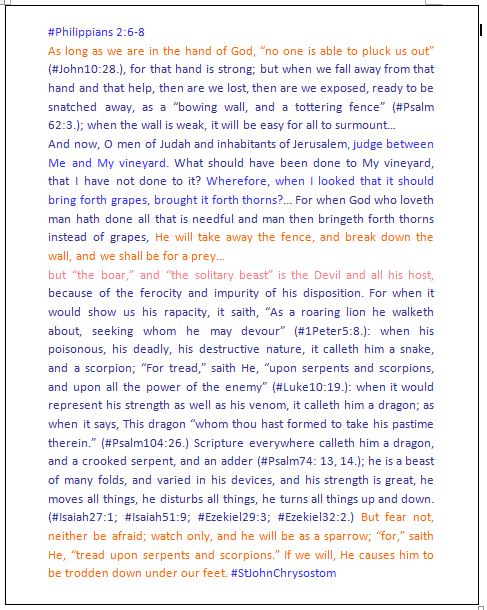 Michael65413248's tweet photo. (2/5)Where's the 100% safe place? Under God's shelter!
#Philippians2:6-8
Commentary by #StJohnChrysostom
As long as we are in the hand of God,“no one is able to pluck us out��#John10:28
#Psalm91 https://t.co/961UH8X247 (text NIV) https://t.co/NwGpLUPjG4
is fully reflected here. https://t.co/28BtS4QPjK
