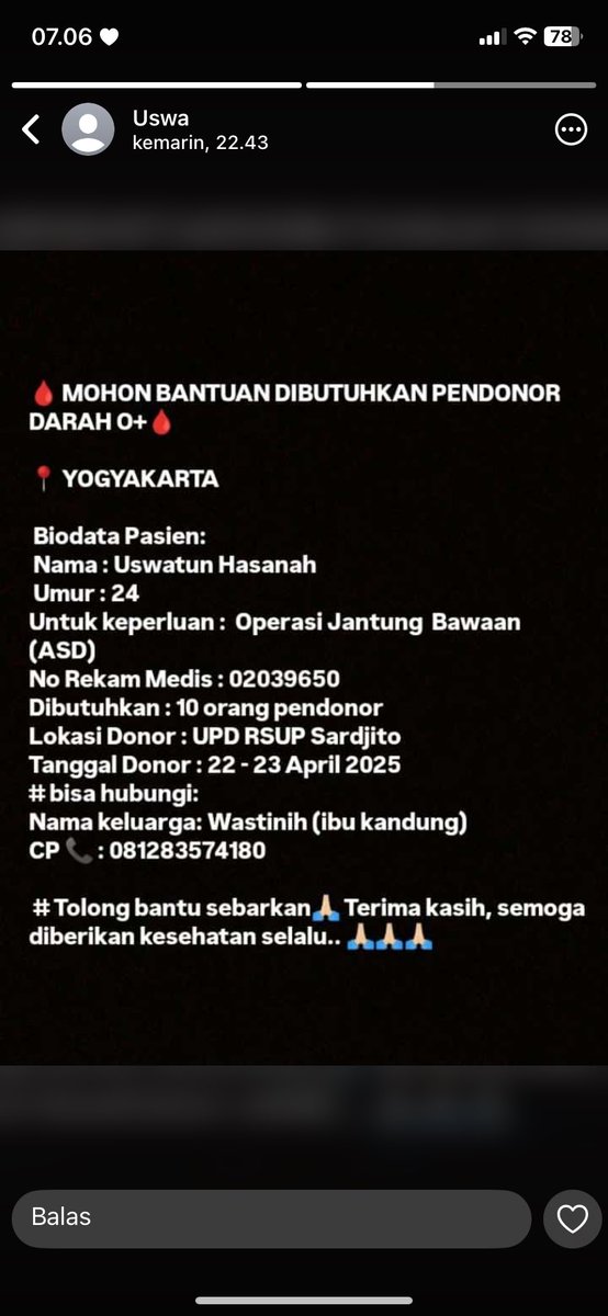rohmah_anggi's tweet photo. @tanyarlfes Kak maaf melenceng dari pembahasan, boleh minta tolong barangkali ada yang mau donorin darahnya buat temen aku🙏🏻 https://t.co/kUly0TPCOF