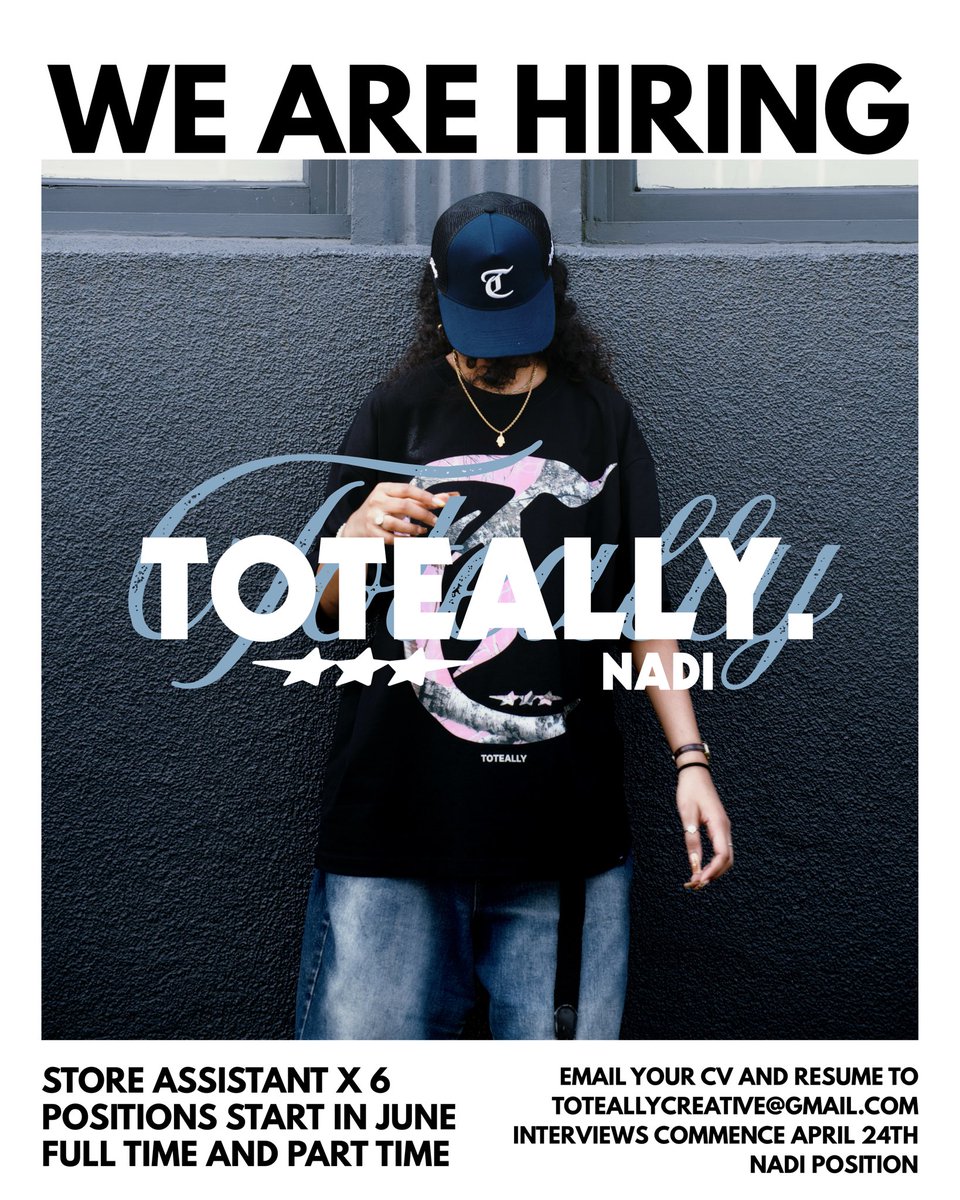 ToteallyStore's tweet photo. NADI.NADI.NADI.

We are looking for 6 x Store Assistants

Positions start in June, we are taking Full-Time and Part-Time

Email your CV and Resume to toteallycreative@gmail.com

Nadi, we’re so excited for this one, this store will be something Fiji has never seen, see you soon🫶🏾 https://t.co/NVSAmIBZYP