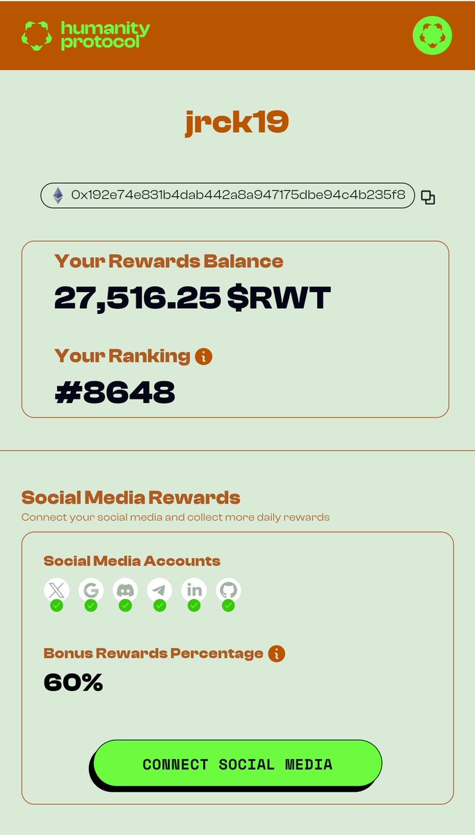 Join in <a href="/Humanityprot/">Humanity</a> and claim RWT daily. 

<a href="/Humanityprot/">Humanity</a> have partnership with <a href="/KaitoAI/">Kaito AI 🌊</a>. You can earn upto 50% bonus in airdrop if you yap about #HumanityProtocol

Use my ref link to join

testnet.humanity.org/login?ref=jrck…