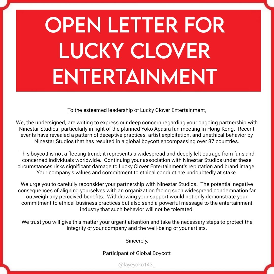 Faye_Loyalty's tweet photo. ⚠️OPEN LETTER FOR: Lucky Clover Entertainment. 
URGENT CONCERN: Lucky Clover Entertainment's Partnership with Ninestar Studios. 
📢You can use this image to send to Lucky Clover Ent. Official IG Account. 
➡️ luckyclover_ent 

NINESTAR GAME OVER
#StandAgainstNinestar  
#YokoApasra https://t.co/BKynf9Tel3