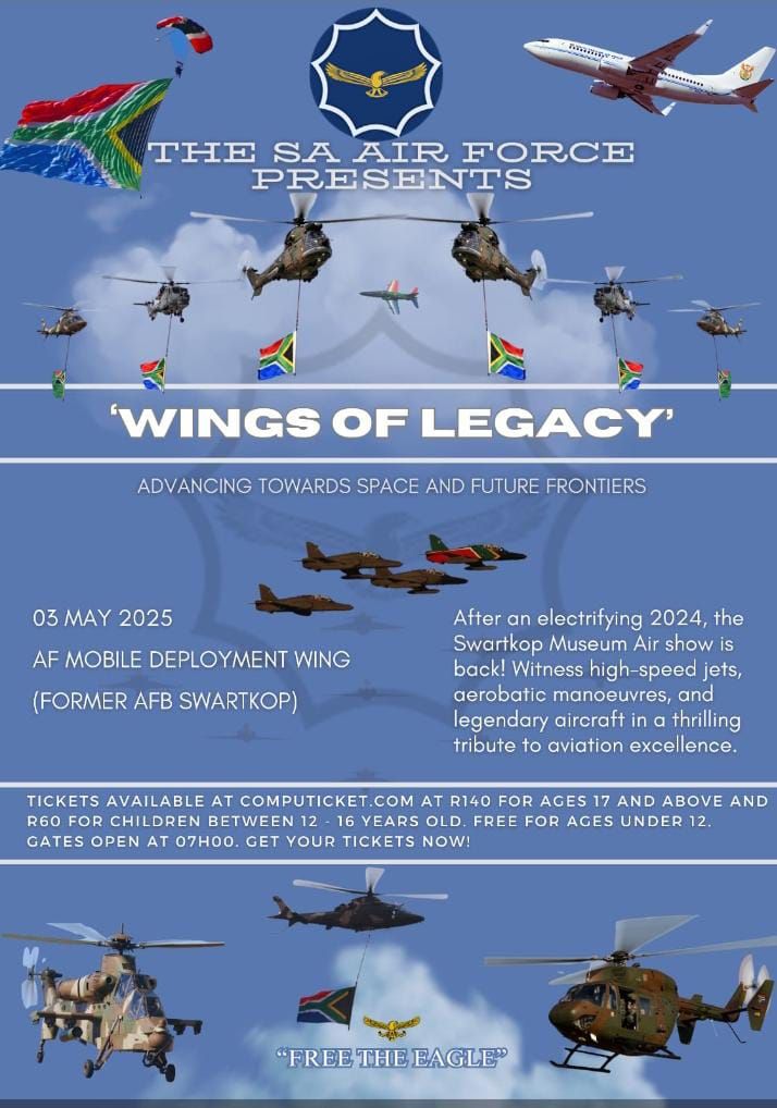📢✈  Save the Date!! The SAAF Museum's annual Air Show is on Saturday, 3 May 2025! Wings of Legacy. 🚁
Get your tickets at Computicket!
computicket.com/event/saaf_mus…
