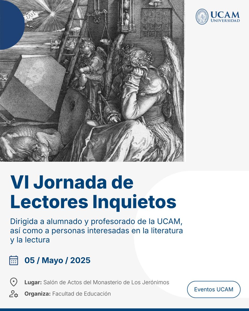 📚 VI Jornada de Lectores Inquietos
📅 5 de mayo  | 🕘 Desde las 09:00 h
📍 Salón de Actos (Campus de Murcia)

🧠 Descubre cómo los 'clásicos' pueden transformarnos en lectores inquietos y despiertos. 

ℹ️  ow.ly/y88650UT1kE