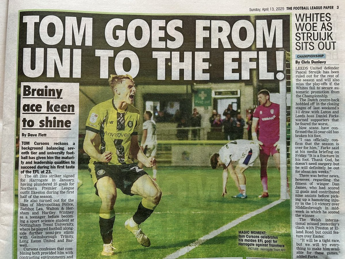Dave Flett (@daveflettpress) on Twitter photo One for <a href="/HarrogateTown/">Harrogate Town AFC</a> fans. I spoke to <a href="/tomcursons/">Tom Cursons</a> about how balancing 7th tier and university football has given him the maturity and leadership qualities to succeed during his first taste of the EFL at 23. Full story in <a href="/TheLeaguePaper/">The Football League Paper</a> - in shops now and great value for £2.20. One for <a href="/HarrogateTown/">Harrogate Town AFC</a> fans. I spoke to <a href="/tomcursons/">Tom Cursons</a> about how balancing 7th tier and university football has given him the maturity and leadership qualities to succeed during his first taste of the EFL at 23. Full story in <a href="/TheLeaguePaper/">The Football League Paper</a> - in shops now and great value for £2.20.