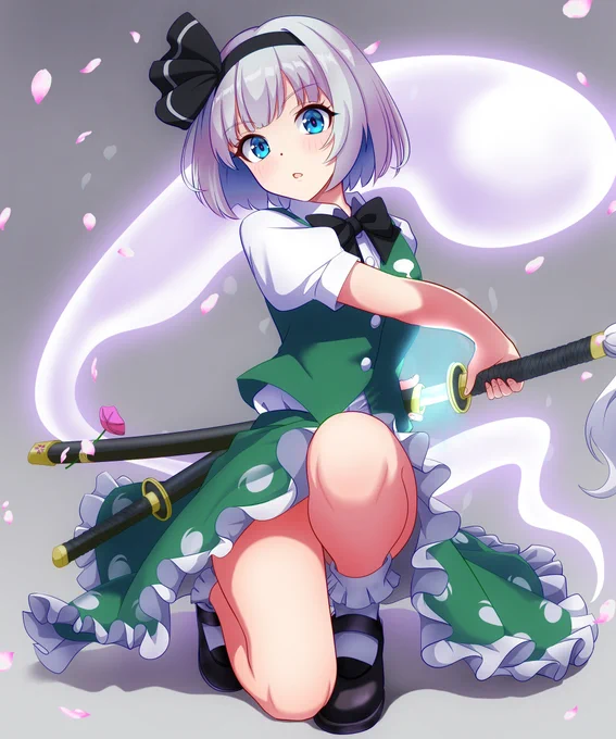 イラスト完成しました桜が舞い、霊が踊る幻の庭園というイメージで描いてみました#東方Project #魂魄妖夢 