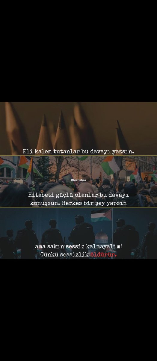 "Bu dönemin suskunluğu... ömür boyu pişmanlığı olucak insanlığın"
#AyağaKalk 
#GazzeÖlüyor