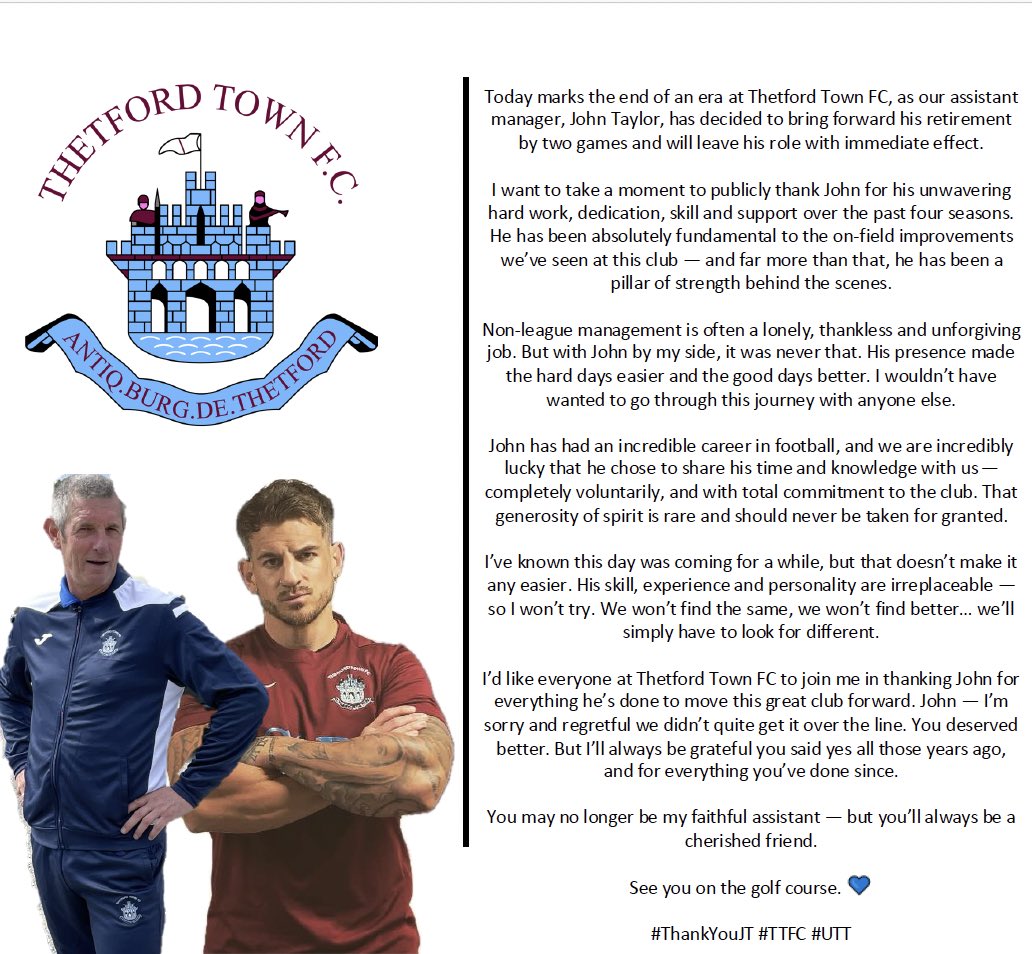 Sad news <a href="/ThetfordTownFC/">Thetford Town FC</a> . Thank you for everything JT 💜💙