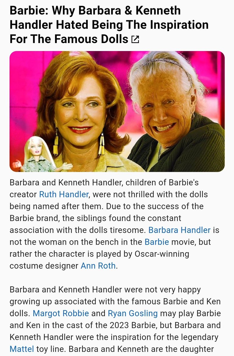 he7ix's tweet image. 👂Just learned: the #Barbie &amp;amp; #Ken dolls were named after REAL-LIFE brother &amp;amp; sister Barbara &amp;amp; Ken Handler. 🤯🤯

(Their mum #RuthHandler: created the dolls, &amp;amp; was the co-founder of #MattelToys.) @BarbieTheMovie

👂 Podcast at 31:02 (approx. 20 secs). ➡️x.com/rockonteurs/st…