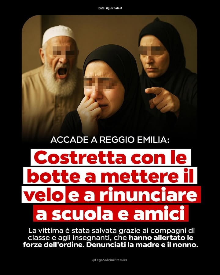 LegaSalvini's tweet photo. 🔴 REGGIO EMILIA, COSTRETTA CON LE BOTTE A METTERE IL VELO ISLAMICO E A RINUNCIARE A SCUOLA E AMICI. 

La vittima è stata salvata grazie ai compagni di classe e agli insegnanti, che hanno allertato le forze dell’ordine. Denunciati la madre e il nonno. https://t.co/aCEuznqBzE