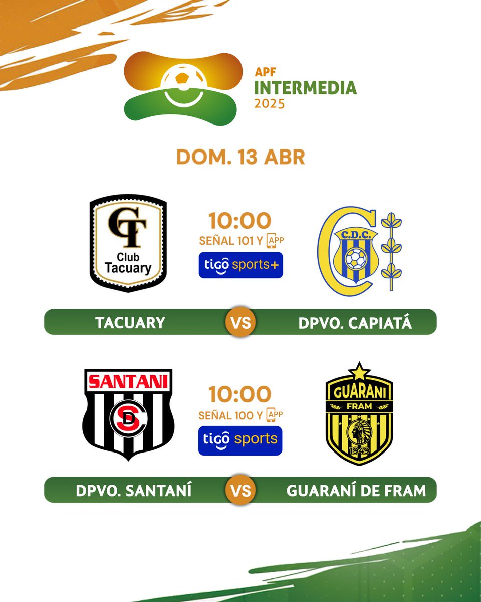#IntermediaAPF

🎬Este domingo prosigue la acción con los duelos entre Tacuary y Capiatá por Tigo Sports+ y Santaní vs. Guaraní de Fram por Tigo Sports. 

📺Ambos compromisos los podrás disfrutar también desde tu celular o tablet por la App.