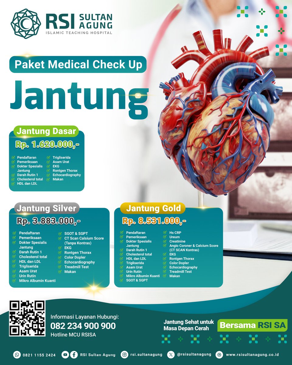 Sayangi jantungmu sebelum terlambat.  
Pemeriksaan rutin bisa jadi penyelamat nyawa, apalagi untuk kamu yang punya riwayat penyakit jantung dalam keluarga.  

Yuk, mulai langkah sehatmu sekarang dengan paket Medical Check Up Jantung di RSI Sultan Agung Semarang.  

#marang