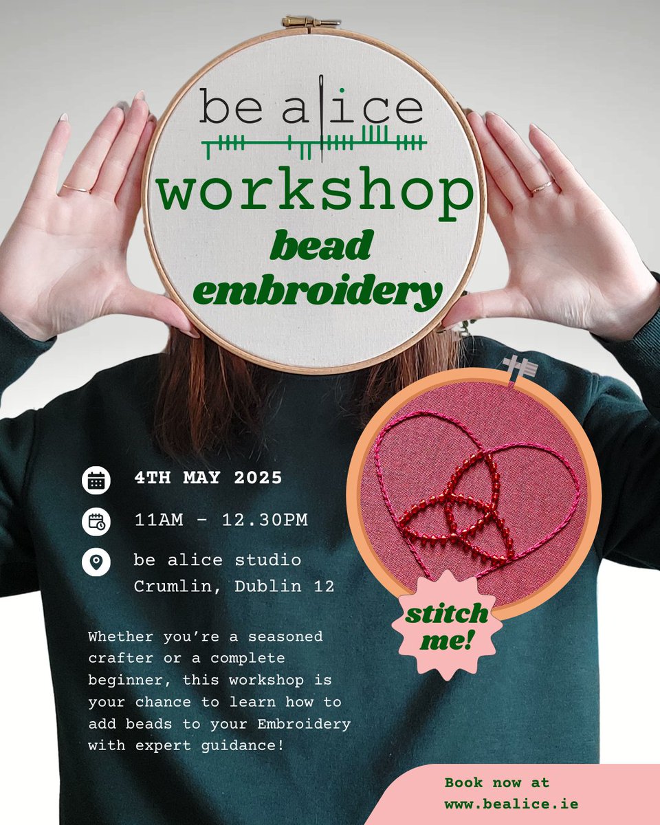 🌟 Unleash your creativity and discover the magic of bead embroidery! 🌟 Join this workshop where you’ll learn to craft a stunning Celtic heart design. 

✨ Ready to stitch your heart out? Book now at bealice.ie