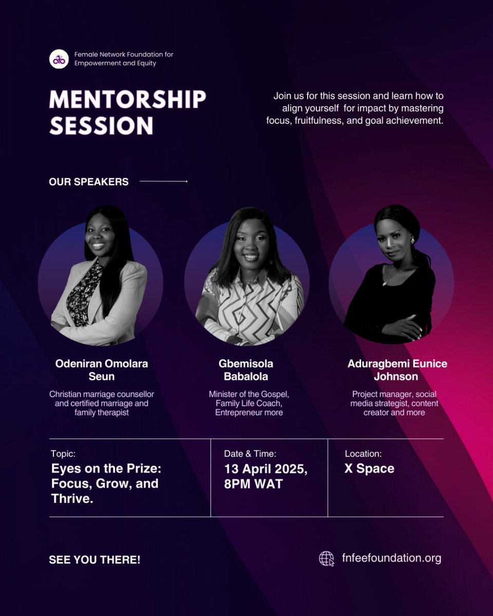 femalenetworkon's tweet photo. Three powerhouses women- one mission 

If you’ve been praying for a sign to realign your life, this is it. No fluff. No hype. Just women committed to helping you master your goals, fruitfulness, and divine assignment.

Join us at 8pm tonight WAT on  x space https://t.co/65eUOcJoQD