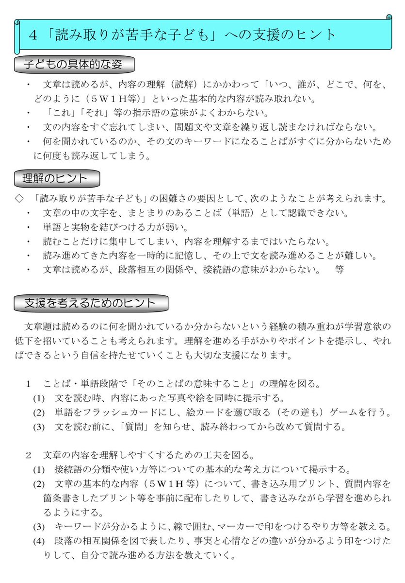 kazu_t_t0153's tweet photo. 必ず確認しておきたい

①【聞き取りが苦手な子ども】への支援のヒント

② 【話すことが苦手な子ども】への支援のヒント

③ 【読むことが苦手な子ども】への支援のヒント

④ 【読み取りが苦手な子ども】への支援のヒント

『通常学級の中でできる支援ヒント集』より https://t.co/AvO0eMGAMb