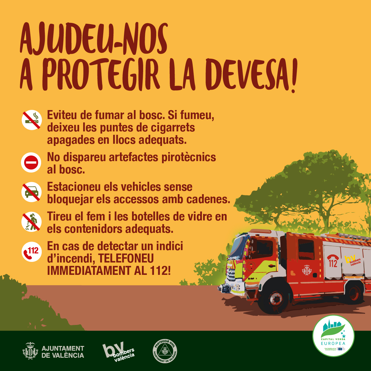 Ajuntament València (@ajuntamentvlc) on Twitter photo 👨🚒 Necessitem la col·laboració de tota la ciutadania per protegir la #Devesa.
<a href="/bomberosvlc/">Bombers Ajuntament València</a> ens donen estos consells:
🚭No fumeu
🎇No dispareu artefactes pirotècnics
🚗No bloquegeu els accessos als vehicles
♻️Useu els contenidors adequats
🔥En cas d'incendi, telefoneu al <a href="/GVA112/">Emergències 112CV</a> 👨🚒 Necessitem la col·laboració de tota la ciutadania per protegir la #Devesa.
<a href="/bomberosvlc/">Bombers Ajuntament València</a> ens donen estos consells:
🚭No fumeu
🎇No dispareu artefactes pirotècnics
🚗No bloquegeu els accessos als vehicles
♻️Useu els contenidors adequats
🔥En cas d'incendi, telefoneu al <a href="/GVA112/">Emergències 112CV</a>