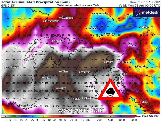 sturmwetter1703's tweet image. +++⚠️ACHTUNG⚠️+++
In den Regionen Südfrankreich/Südstau-Alpen und Norditalien teils heftiger #Regen. Innerhalb von 7 Tagen 100-200 l/m² Regen und bis Ende April örtlich 300-450 l/m² Regen!
Dort sind große #Überflutungen/Erdrutsche und starkes #Hochwasser zu erwarten!