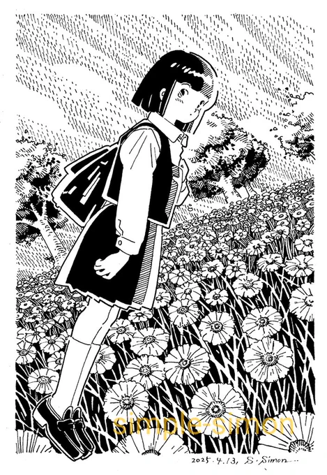 本日の1枚
"Love at first sight"
花はハルシャギク(春車菊)のつもりで描いてます。花言葉は「一目惚れ」ともいうそうなので、ほのかにその雰囲気で☺️ 