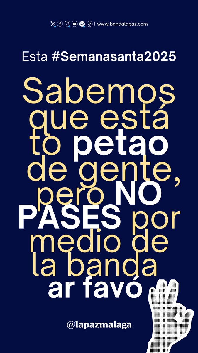 A ver si diciéndolo de 𝙢𝙖𝙡𝙖𝙜𝙪𝙚𝙣̃𝙖𝙨 𝙢𝙖𝙣𝙚𝙧𝙖𝙨 tiene más repercusión 🤨

Esta #SemanaSanta2025 𝙉𝙊 𝘾𝙍𝙐𝘾𝙀𝙎 𝙋𝙊𝙍 𝙈𝙀𝘿𝙄𝙊 𝘿𝙀 𝙐𝙉𝘼 𝘽𝘼𝙉𝘿𝘼 🫶🏻

#SuenalaPaz🕊️🎶 #CofradíasMLG