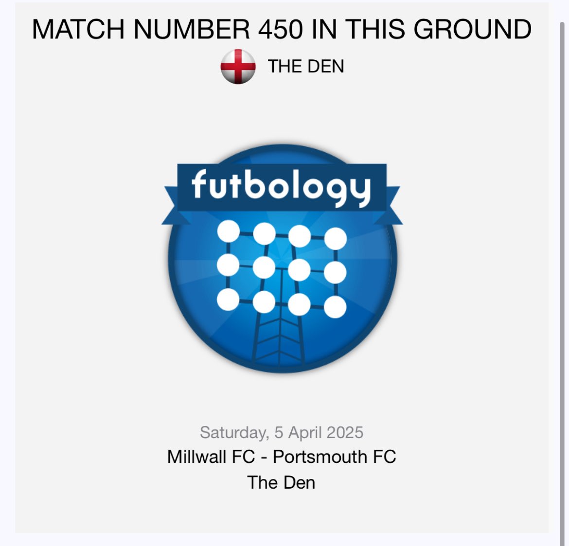 92_mfc's tweet photo. Game 3️⃣2️⃣ of 24/25 season- Saturday 5th April
@MillwallFC 2️⃣v1️⃣ @Pompey 
in the @SkyBetChamp  
Great game - a little bit nervy at end but BFS to rescue! 3points !
Millwall Goal: M. Ivanović x 2
Venue: The Den
with: @FutbologyApp @101Groundhopper 
#COYL https://t.co/GrTefQfRzd