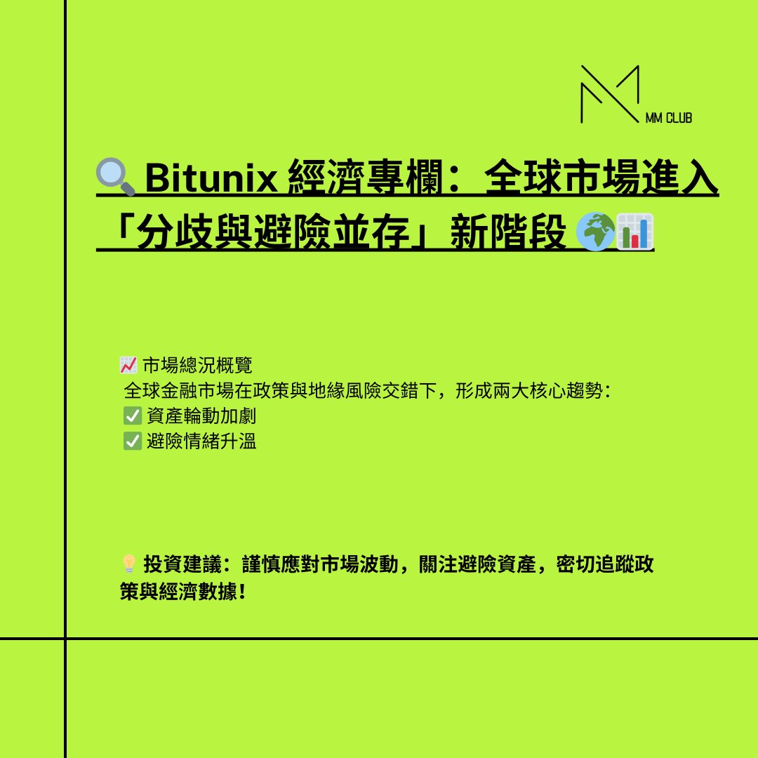 bitunixmmmCLUB's tweet image. 🔍 Bitunix 經濟專欄:全球市場進入「分歧與避險並存」新階段 🌍📊
📈 市場總況概覽
全球金融市場在政策與地緣風險交錯下,形成兩大核心趨勢:
✅ 資產輪動加劇
✅ 避險情緒升溫
🧠 本週結語:在不確定中尋找確定性
多數大行對 A 股與黃金仍保有中期看好
建議投資者「以中期眼光看待短期波動」
