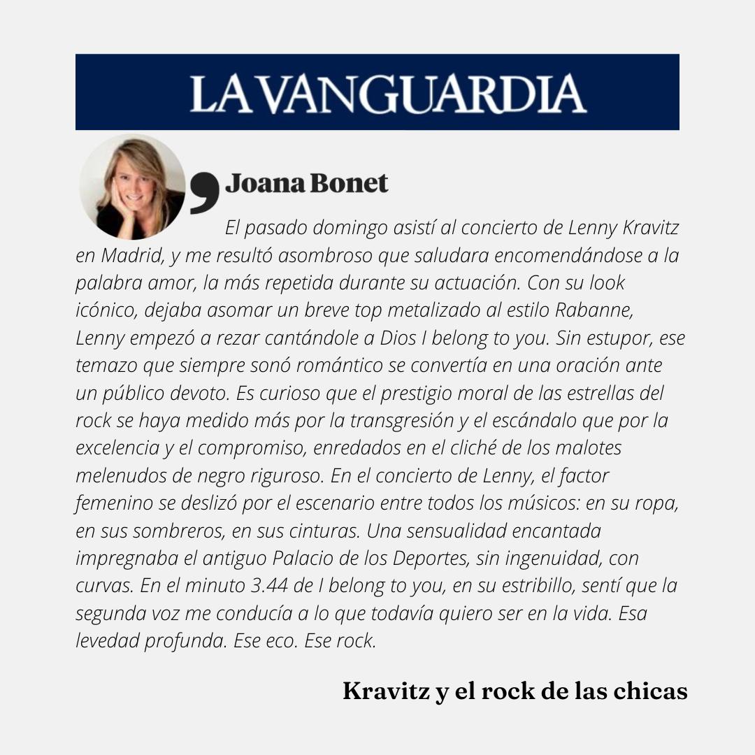 Joana Bonet (@bonetjoana) on Twitter photo Ayer escribí en <a href="/LaVanguardia/">La Vanguardia</a> sobre el concierto de Lenny Kravitz en Madrid: lavanguardia.com/opinion/202504… Ayer escribí en <a href="/LaVanguardia/">La Vanguardia</a> sobre el concierto de Lenny Kravitz en Madrid: lavanguardia.com/opinion/202504…