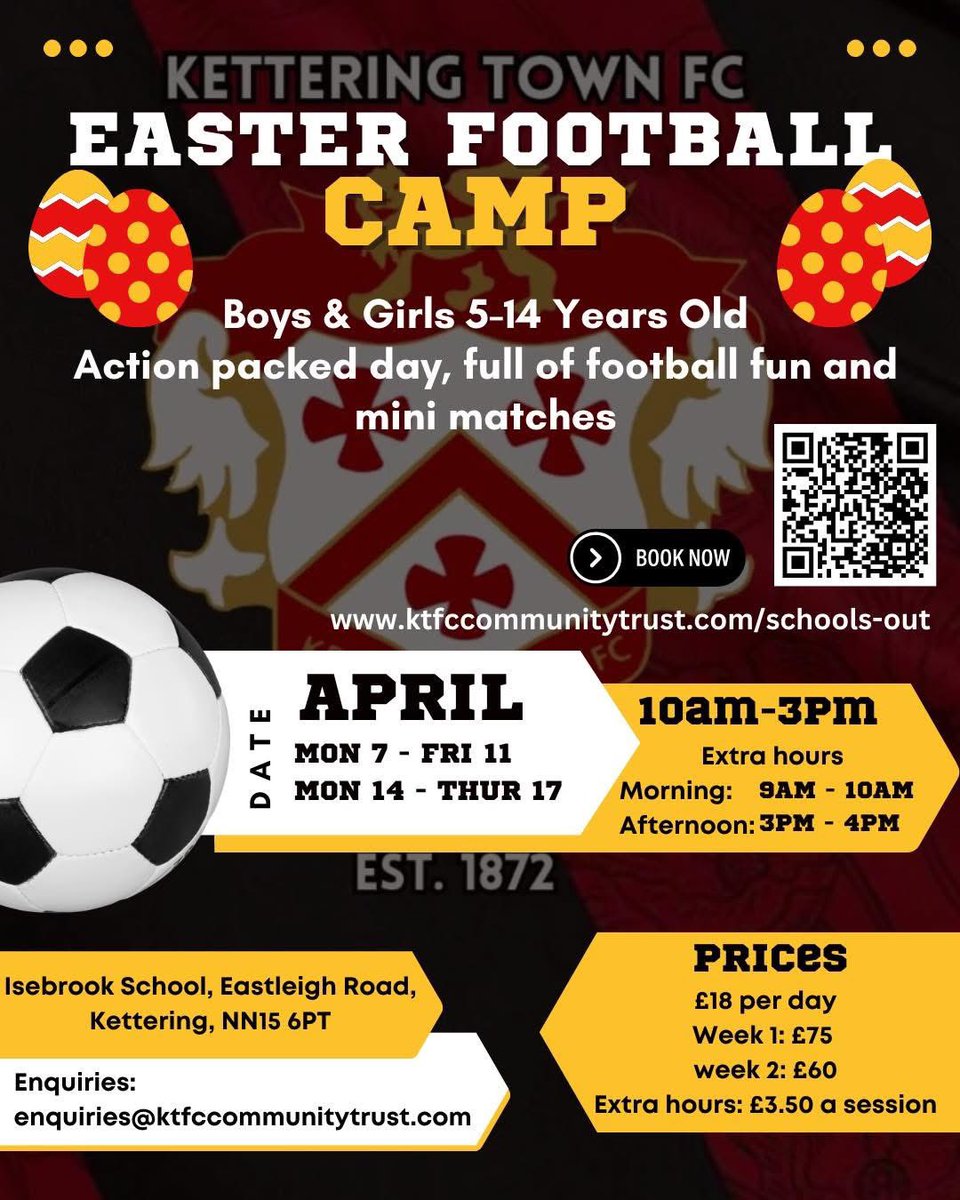 Fantastic first week at the Kettering Town FC Easter Holiday Camp, with over 80 children attending 🔴⚫️
A further amazing 4 days to look forward to this week!
Still time to book - individual days or the whole 4 day camp!  Great value 💰 Fantastic coaches ⚽️ Always great fun 😊