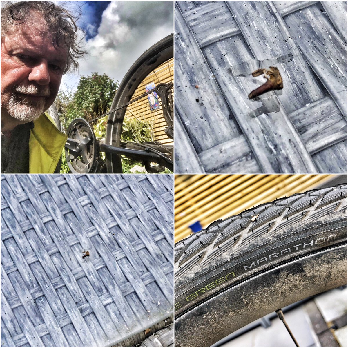 dayvales's tweet image. First time out on my @SchwalbeUK Marathon #punctureproof!! Tyre. A 3mm stubby thorn ensures a walk home! Not impressed!!