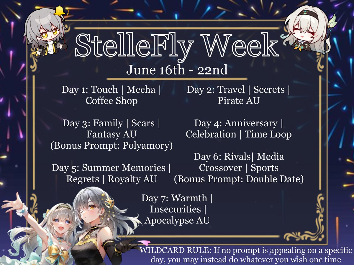 StelleflyLover's tweet image. Hello everyone!

It's finally time. As mentioned in the concluding post last year, the next StelleFly week starts in June!

Here's the official date and prompts for #StelleFlyWeek2025  

Guidelines and translations in the next post.

Feel free to ask any questions!

#stellefly