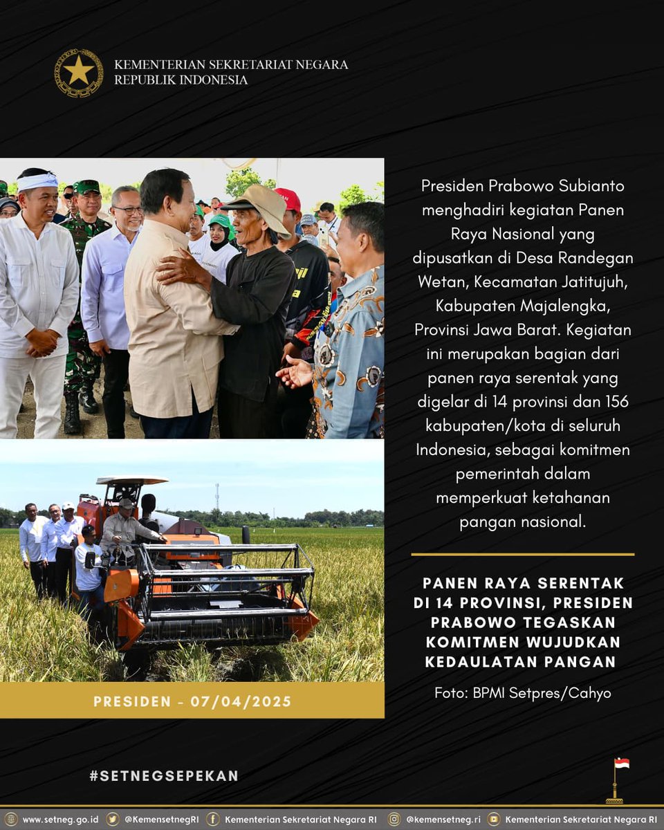 KemensetnegRI's tweet photo. 1. SETNEG SEPEKAN FOTO

Kumpulan foto highlight kegiatan Presiden, Wakil Presiden, Menteri Sekretaris Negara, dan Kementerian Sekretariat Negara selama sepekan Edisi 7-13 April 2025

#KemensetnegRI https://t.co/Yl1IFU2mbn