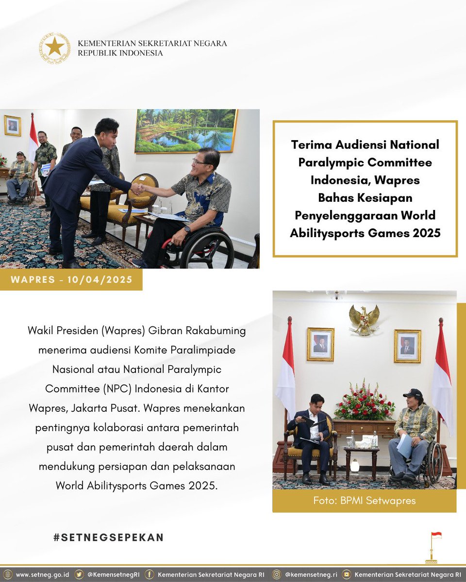 KemensetnegRI's tweet photo. 3. SETNEG SEPEKAN FOTO

Kumpulan foto highlight kegiatan Presiden, Wakil Presiden, Menteri Sekretaris Negara, dan Kementerian Sekretariat Negara selama sepekan Edisi 7-13 April 2025

#KemensetnegRI https://t.co/Vm1W7GgY44